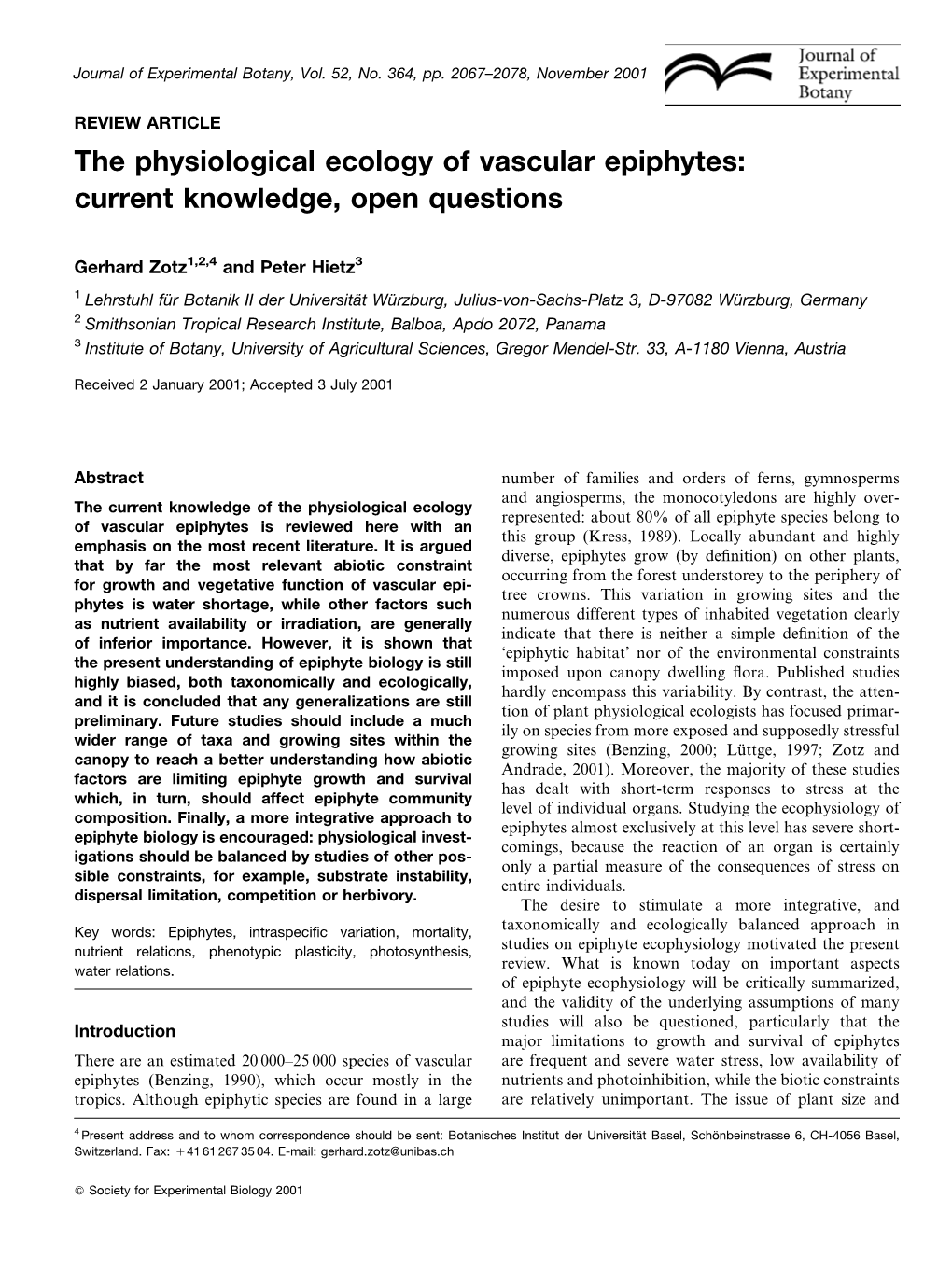 The Physiological Ecology of Vascular Epiphytes: Current Knowledge, Open Questions