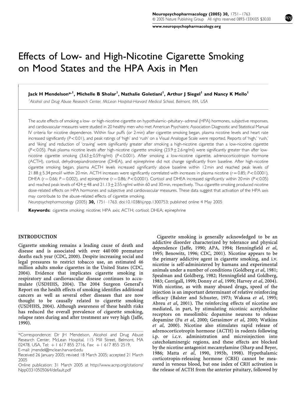 And High-Nicotine Cigarette Smoking on Mood States and the HPA Axis in Men