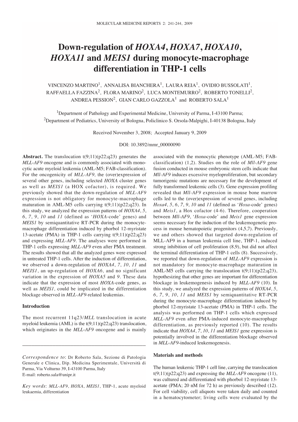 Down-Regulation of HOXA4, HOXA7, HOXA10, HOXA11 and MEIS1 During Monocyte-Macrophage Differentiation in THP-1 Cells