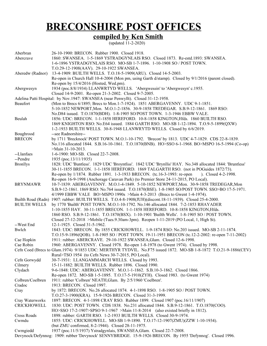 BRECONSHIRE POST OFFICES Compiled by Ken Smith (Updated 11-2-2020)