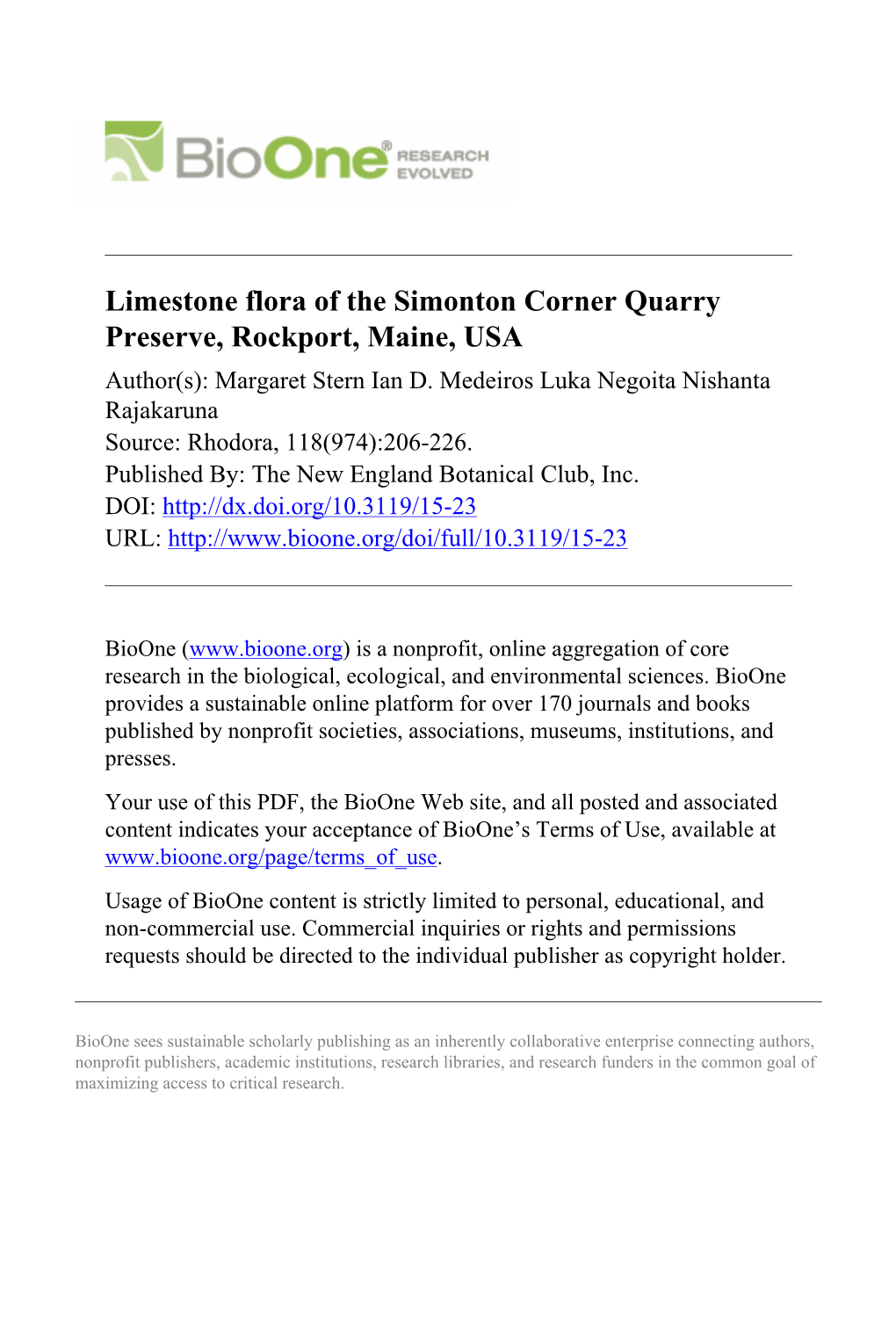 Limestone Flora of the Simonton Corner Quarry Preserve, Rockport, Maine, USA Author(S): Margaret Stern Ian D