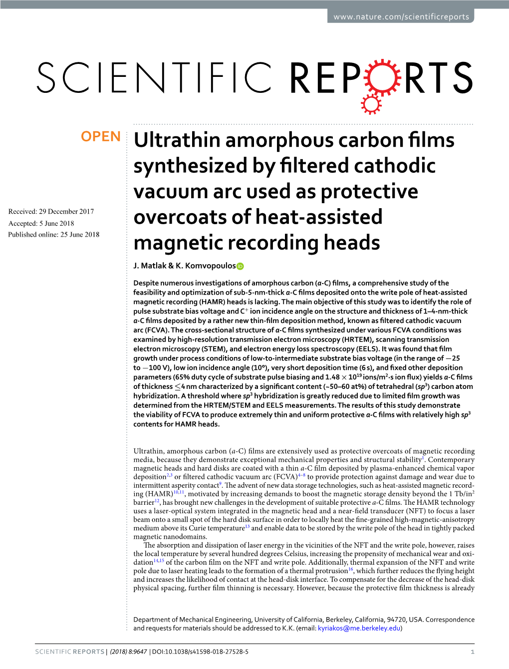 Ultrathin Amorphous Carbon Films Synthesized by Filtered Cathodic