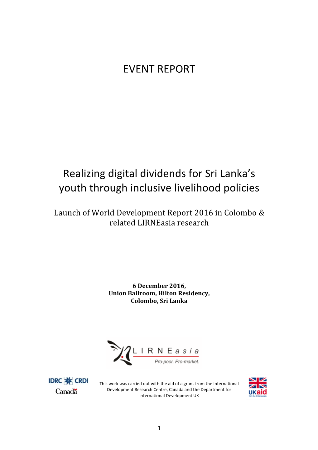 EVENT REPORT Realizing Digital Dividends for Sri Lanka's Youth