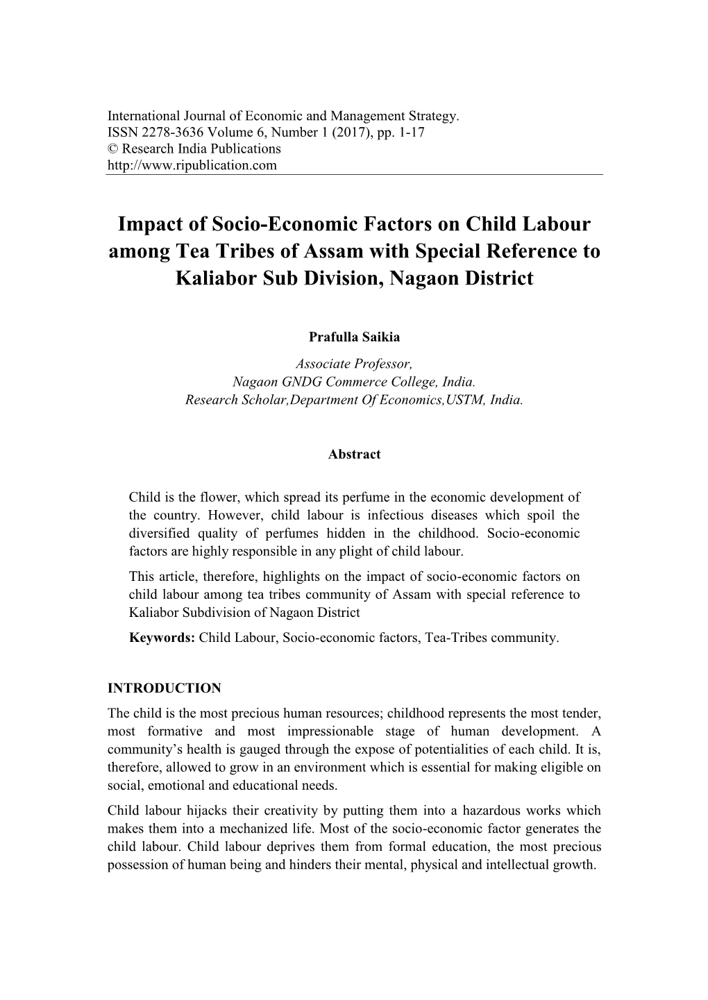 Impact of Socio-Economic Factors on Child Labour Among Tea Tribes of Assam with Special Reference to Kaliabor Sub Division, Nagaon District