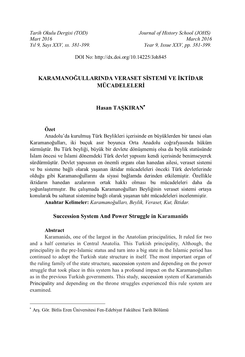 Karamanoğullarinda Veraset Sistemi Ve Iktidar Mücadeleleri