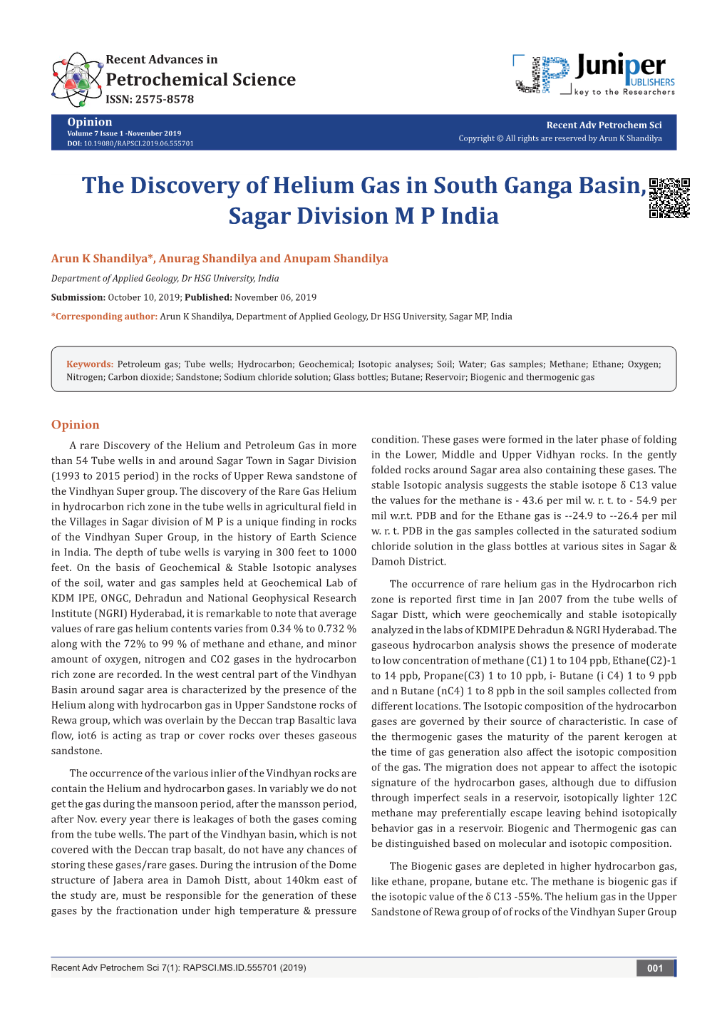 The Discovery of Helium Gas in South Ganga Basin, Sagar Division M P India