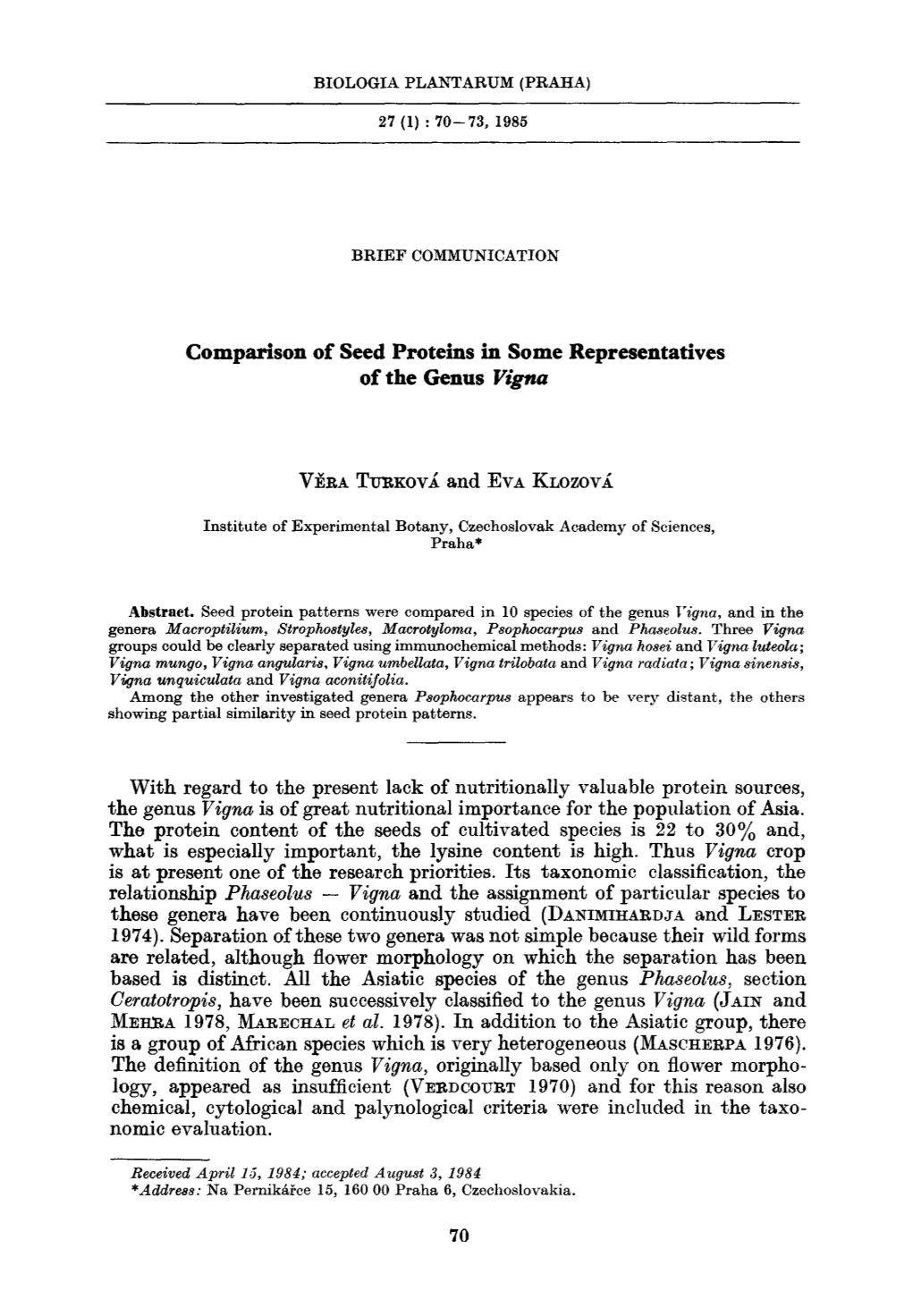 Comparison of Seed Proteins in Some Representatives of the Genusvigna