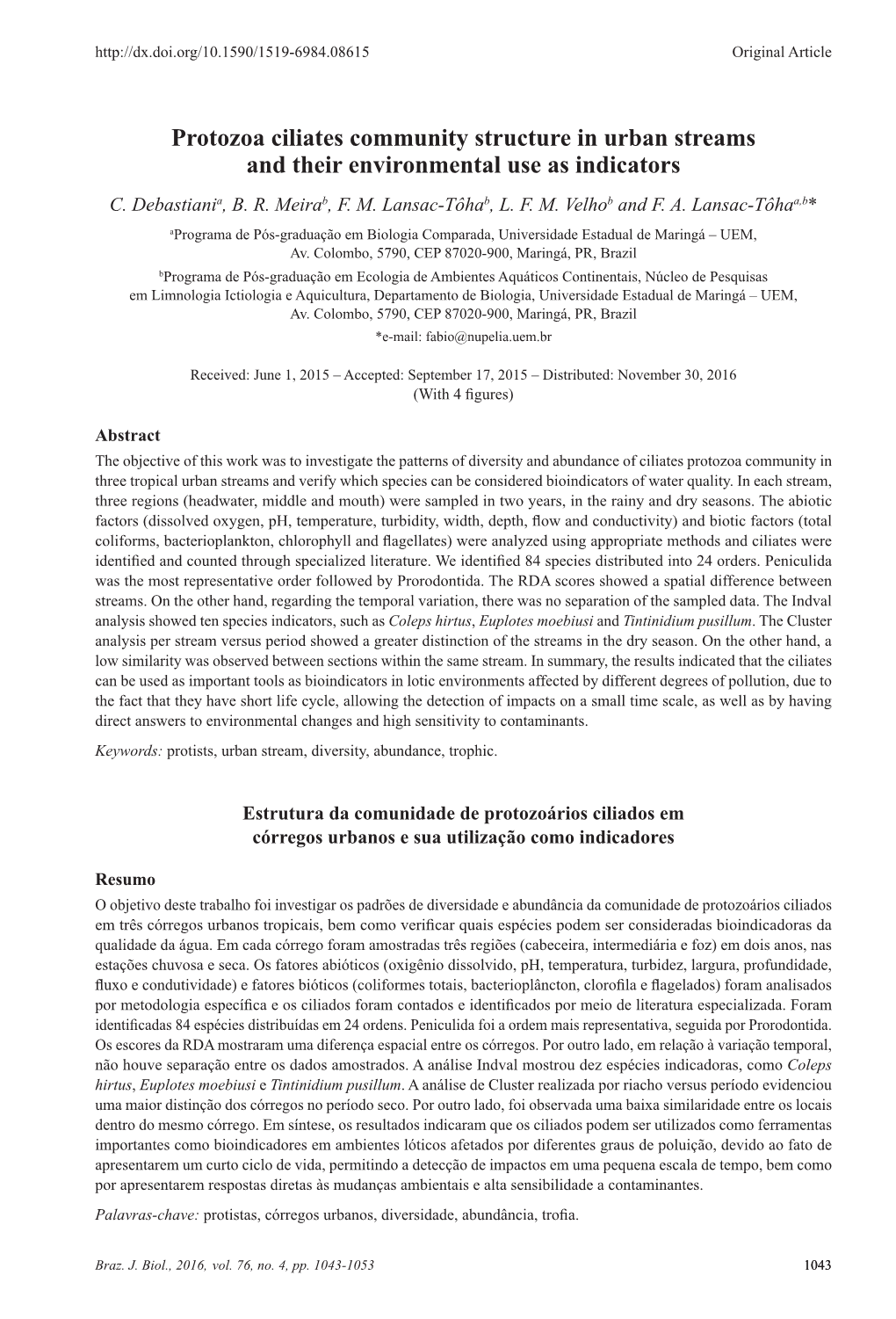 Protozoa Ciliates Community Structure in Urban Streams and Their Environmental Use As Indicators C