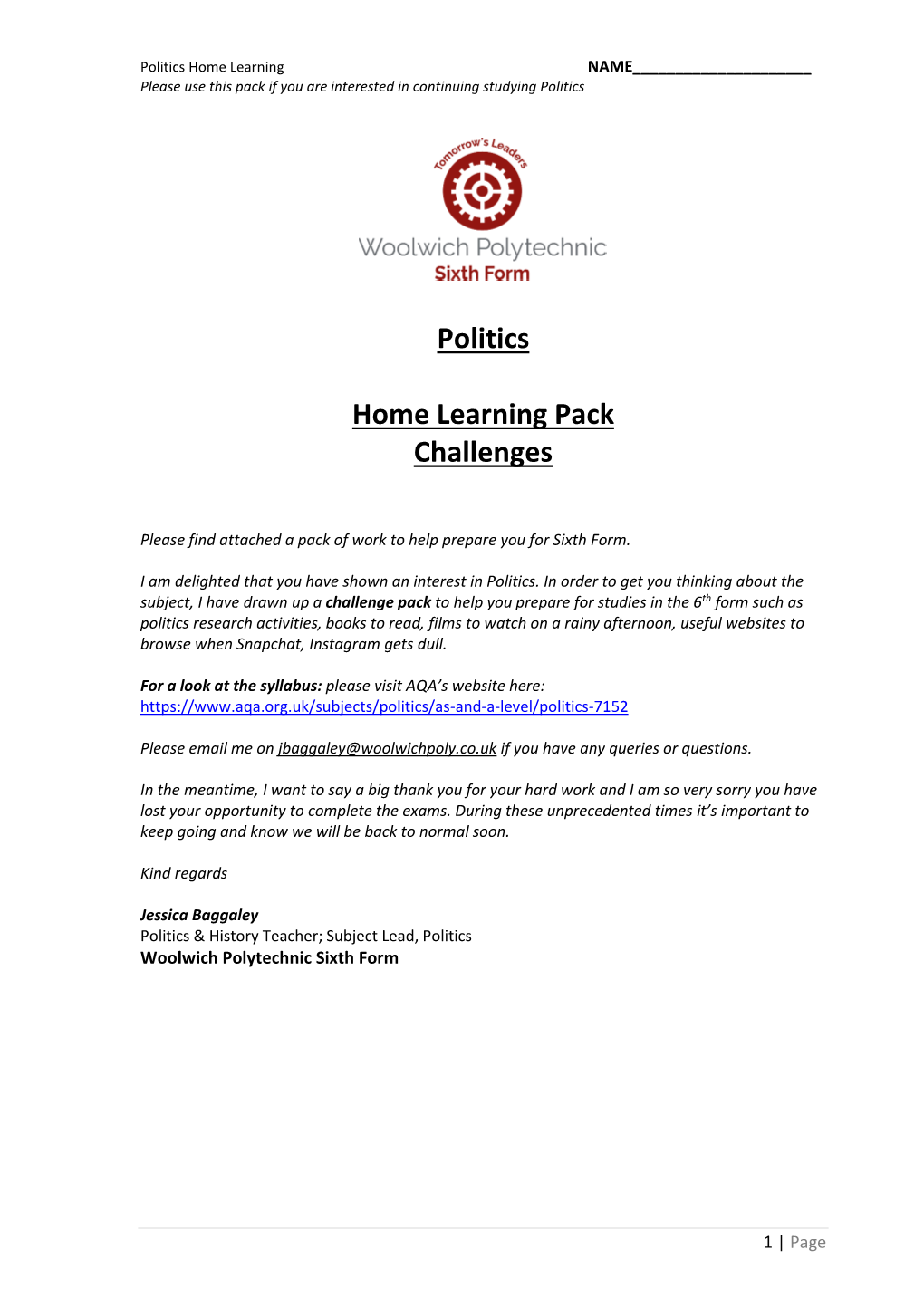 Politics Home Learning Pack Challenges