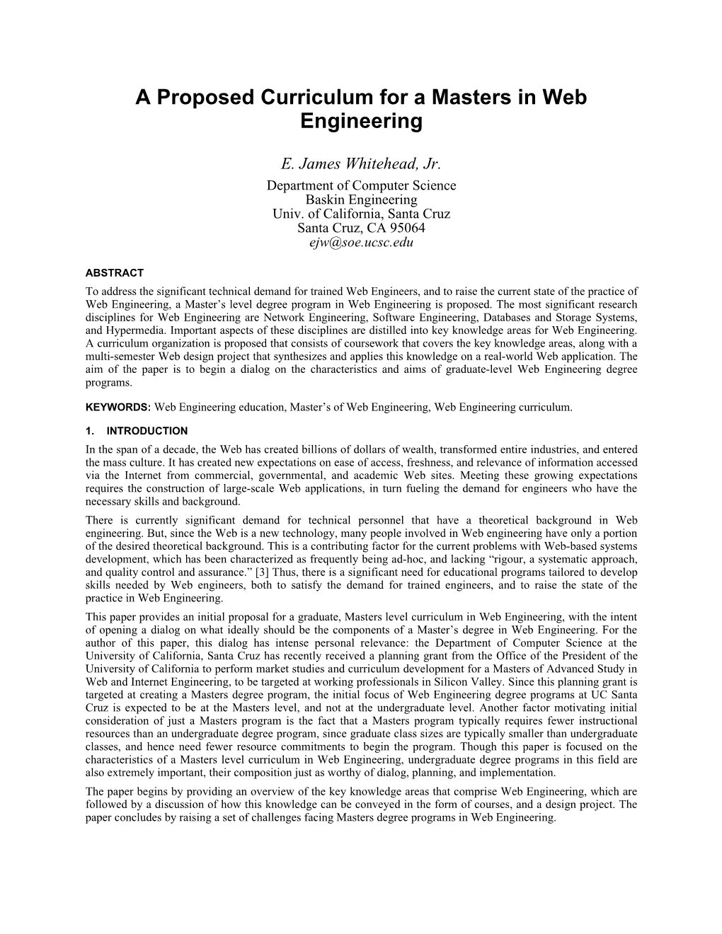 A Proposed Curriculum for a Masters in Web Engineering