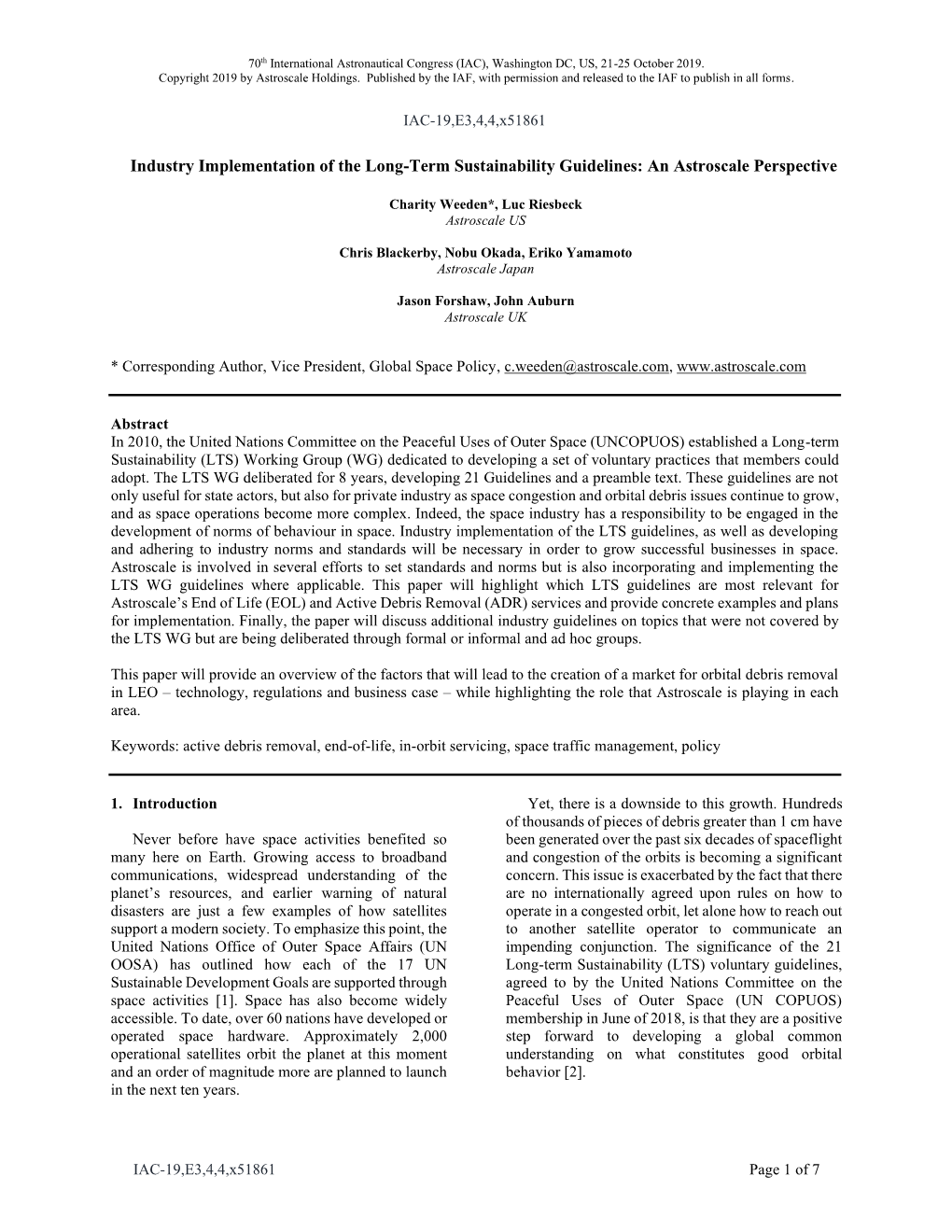 Industry Implementation of the Long-Term Sustainability Guidelines: an Astroscale Perspective