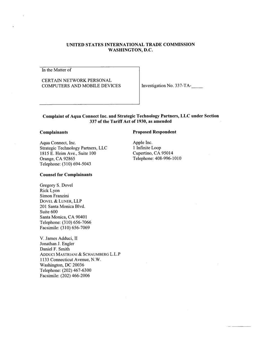 WASHINGTON, D.C. Complaint of Aqua Connect Inc. and Strategic