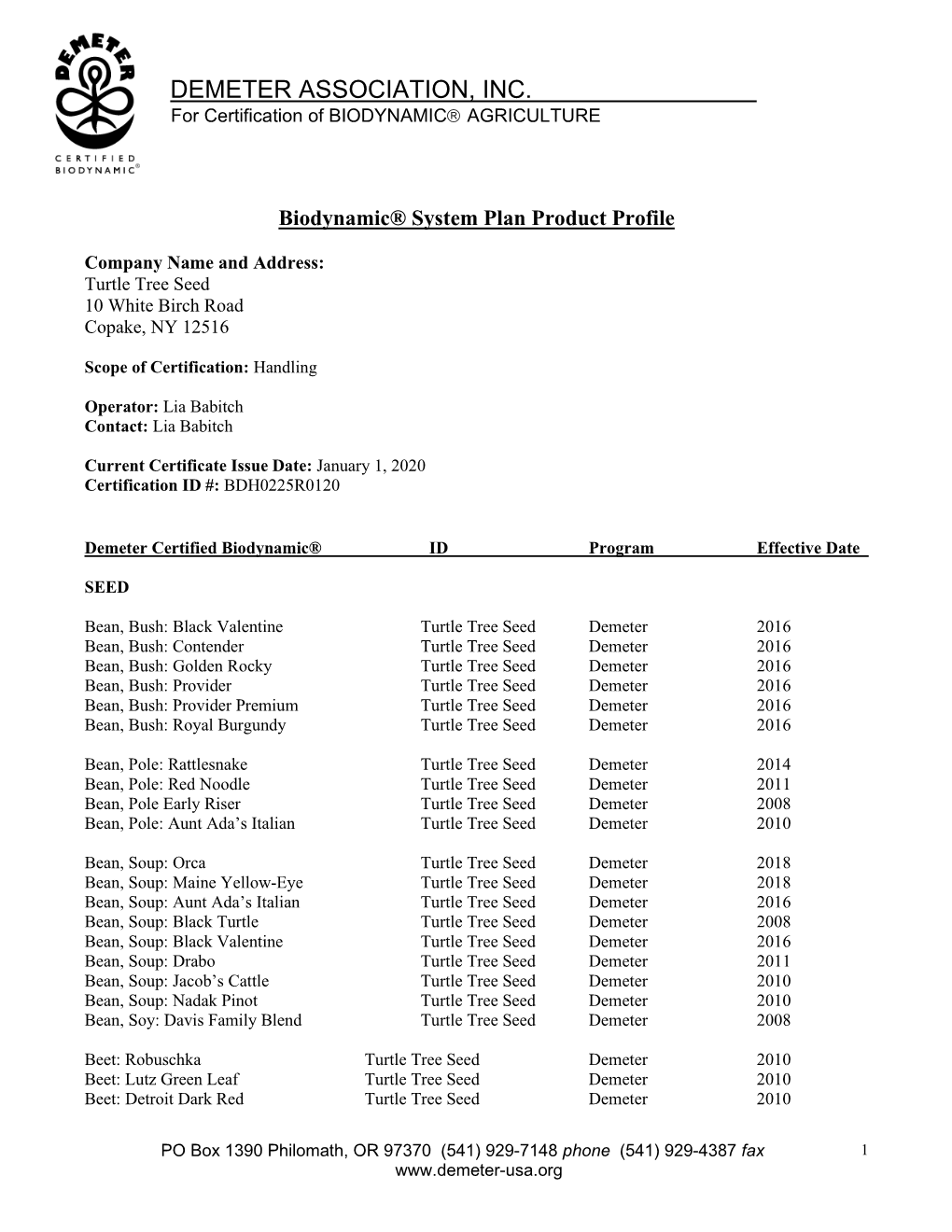 Demeter Certified Handler List