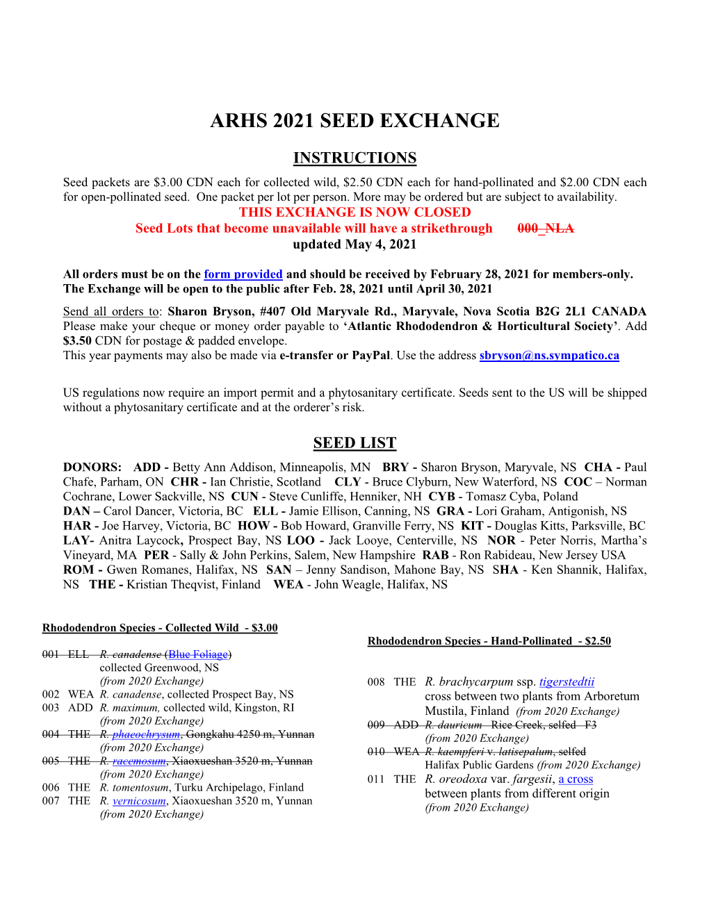 ARHS Seed Exchange