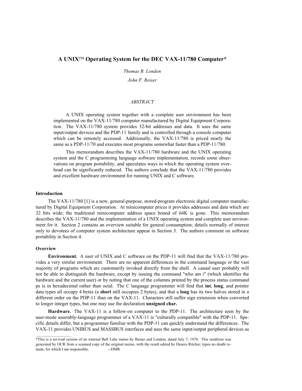 A UNIX™ Operating System for the DEC VAX-11/780 Computer*