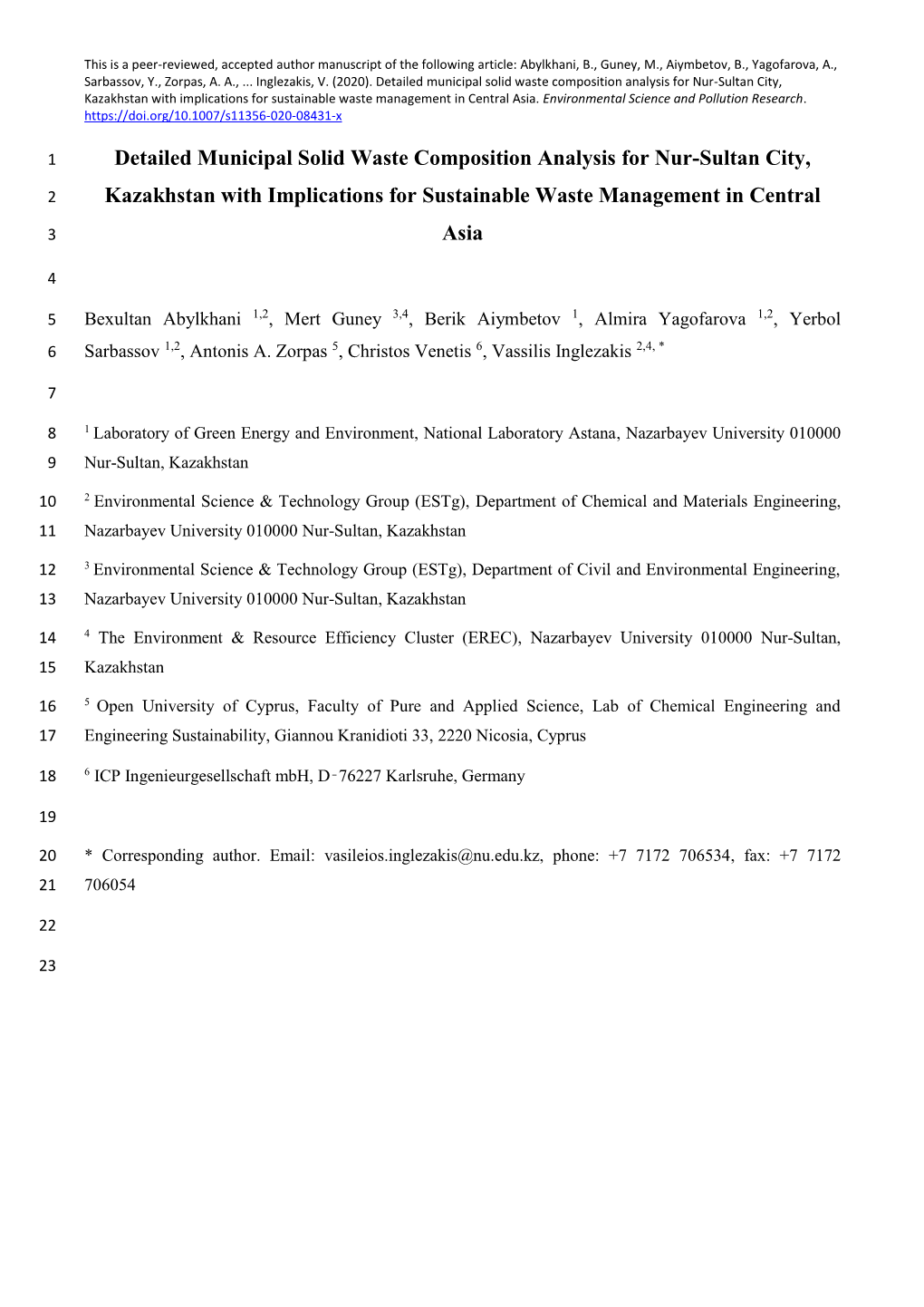 Detailed Municipal Solid Waste Composition Analysis for Nur-Sultan City ...