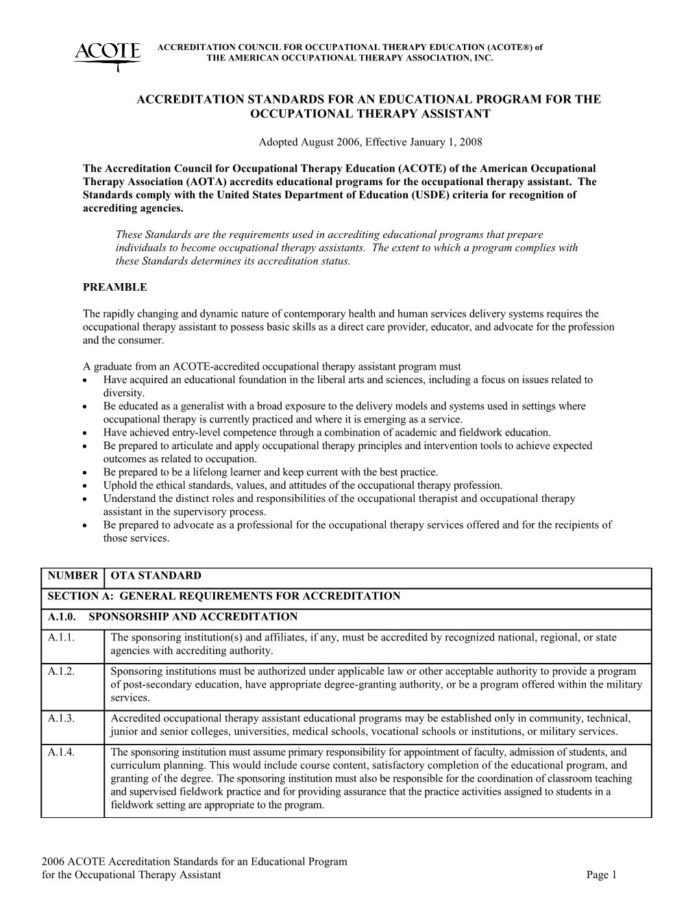 Accreditation Standards for an Educational Program for the Occupational Therapy Assistant