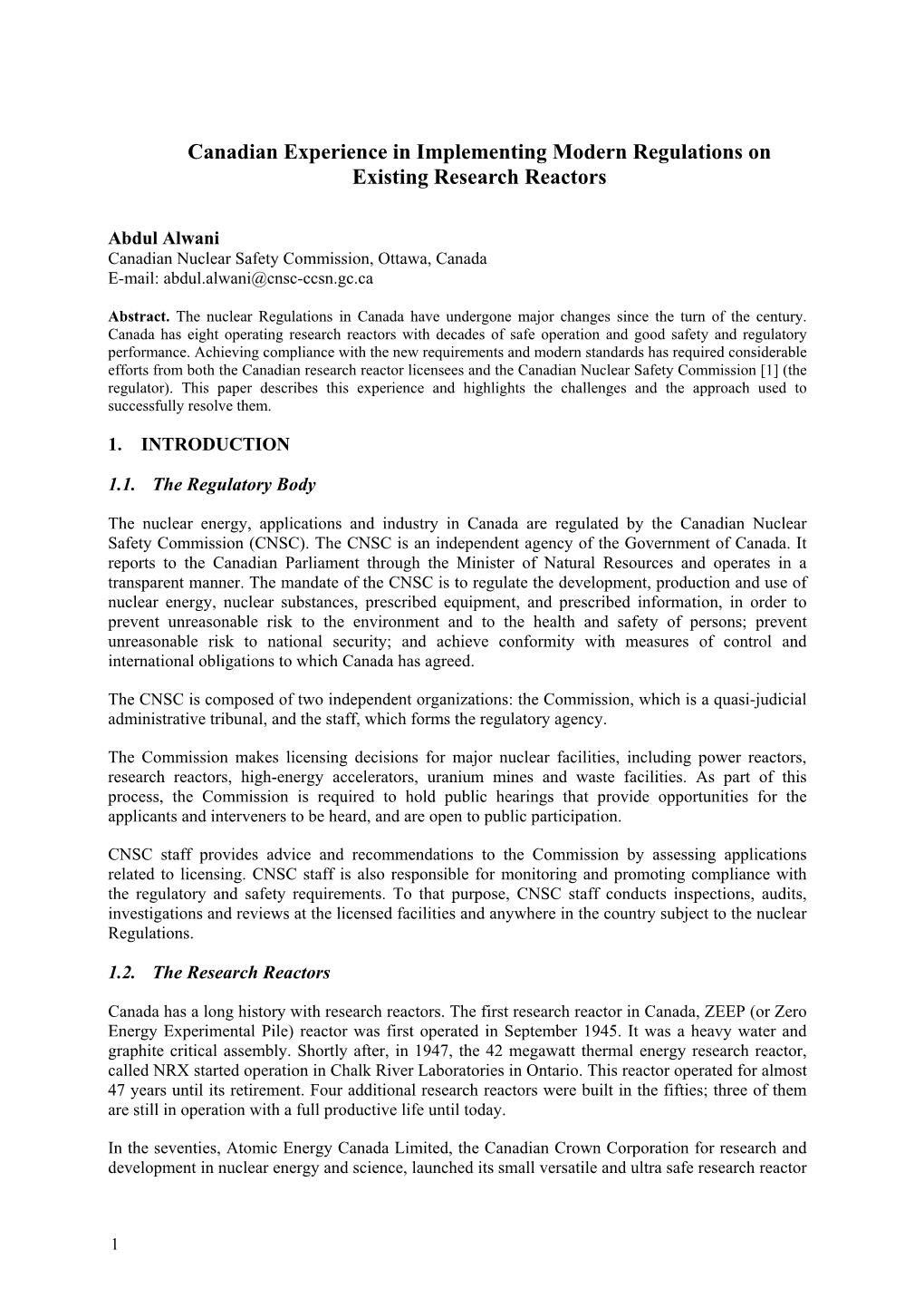 Canadian Experience in Implementing Modern Regulations on Existing Research Reactors