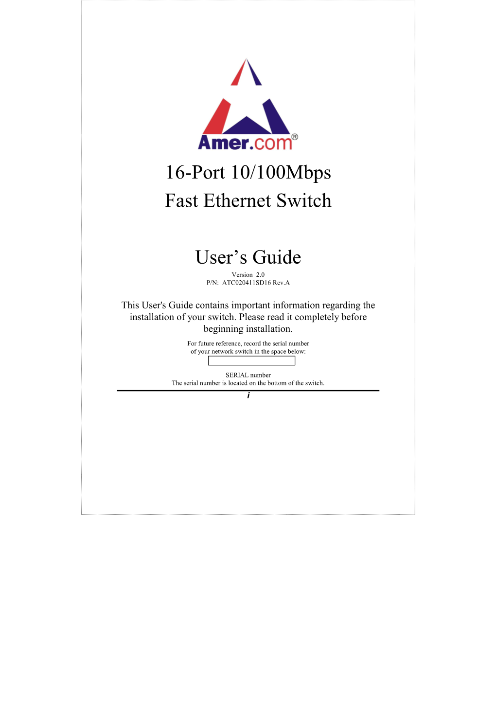 16-Port 10/100Mbps Fast Ethernet Switch User's Guide