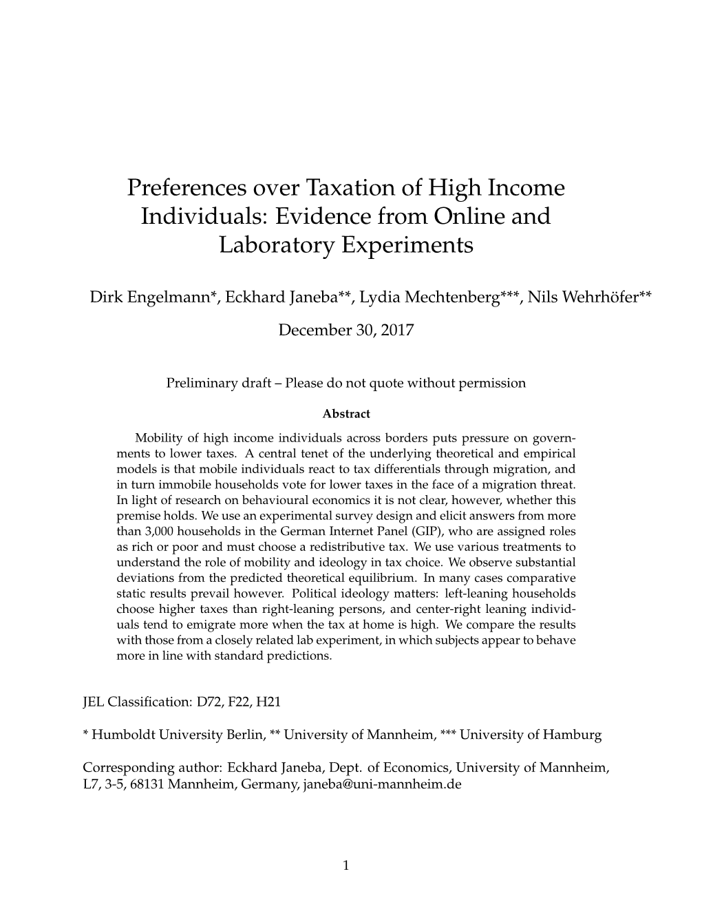 Preferences Over Taxation of High Income Individuals: Evidence from Online and Laboratory Experiments