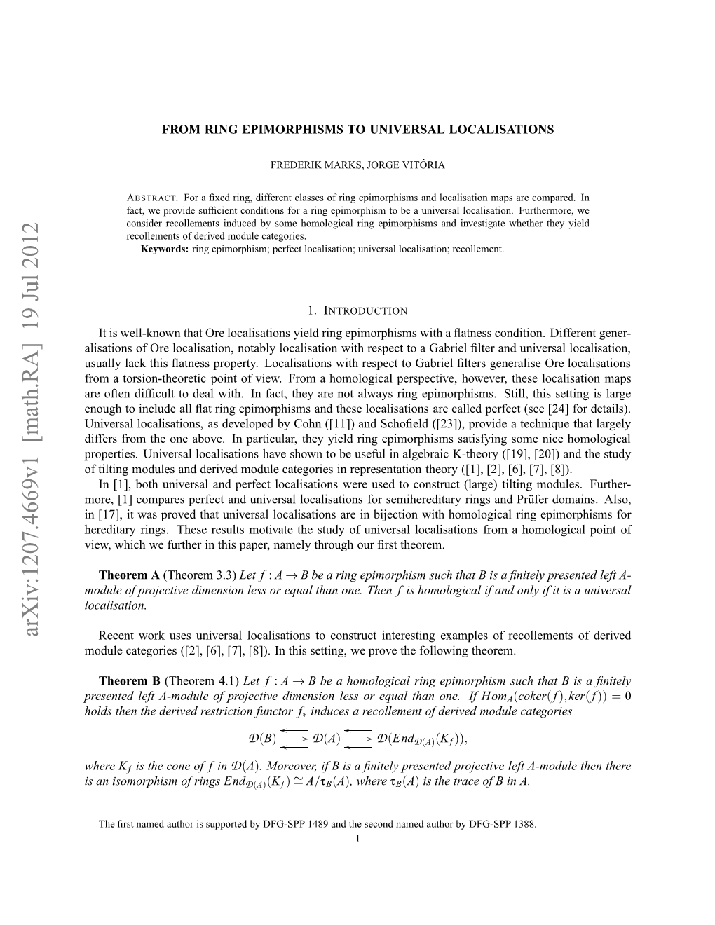 Arxiv:1207.4669V1 [Math.RA] 19 Jul 2012