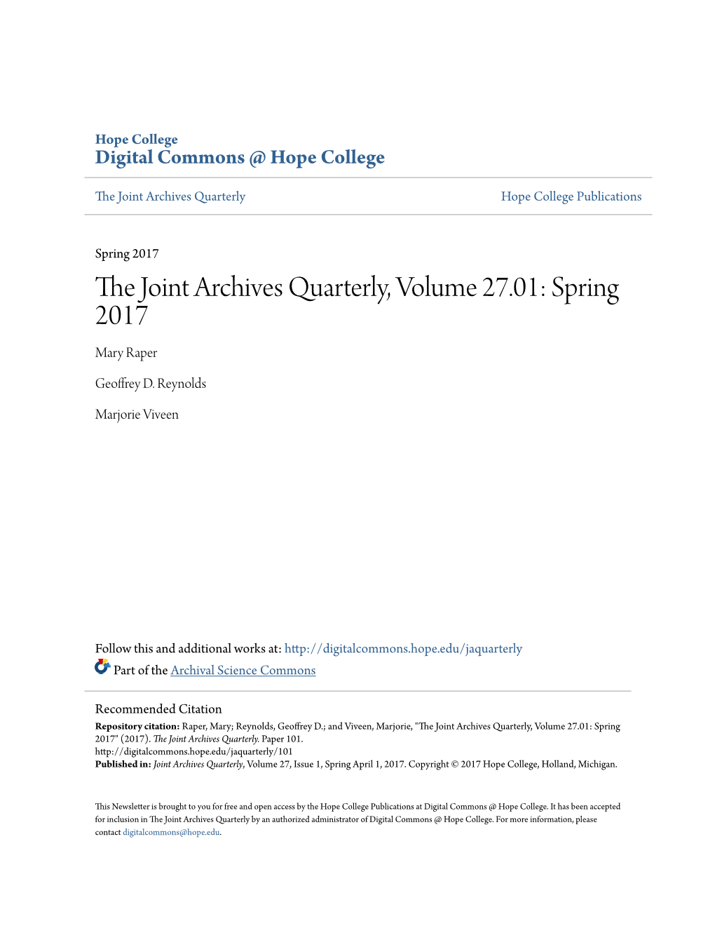 The Joint Archives Quarterly, Volume 27.01