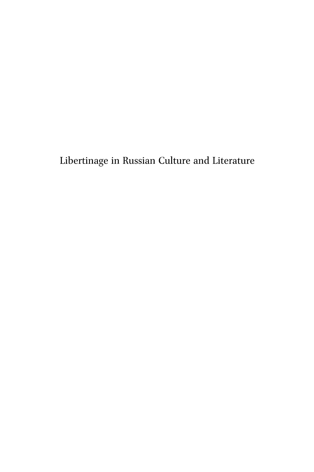 Libertinage in Russian Culture and Literature Russian History and Culture