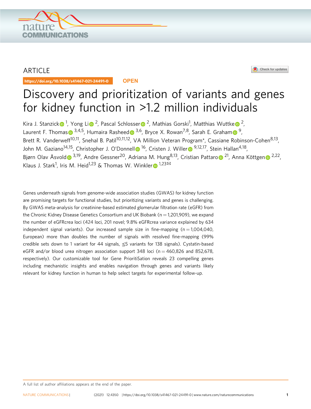 Discovery and Prioritization of Variants and Genes for Kidney Function in >1.2 Million Individuals