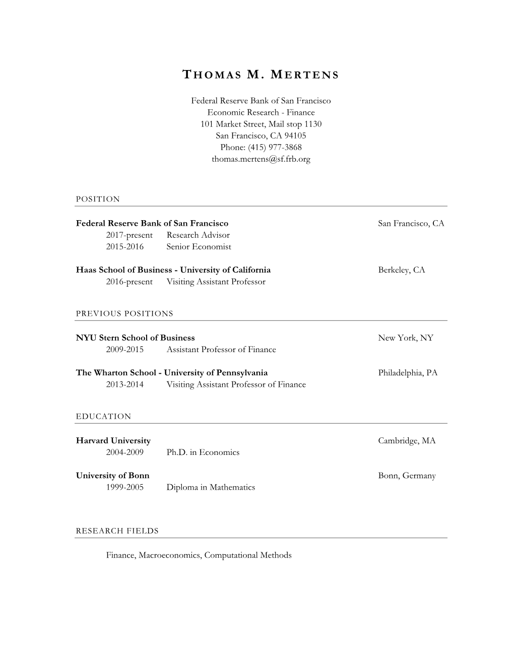 Thomas M. Mertens Curriculum Vitae