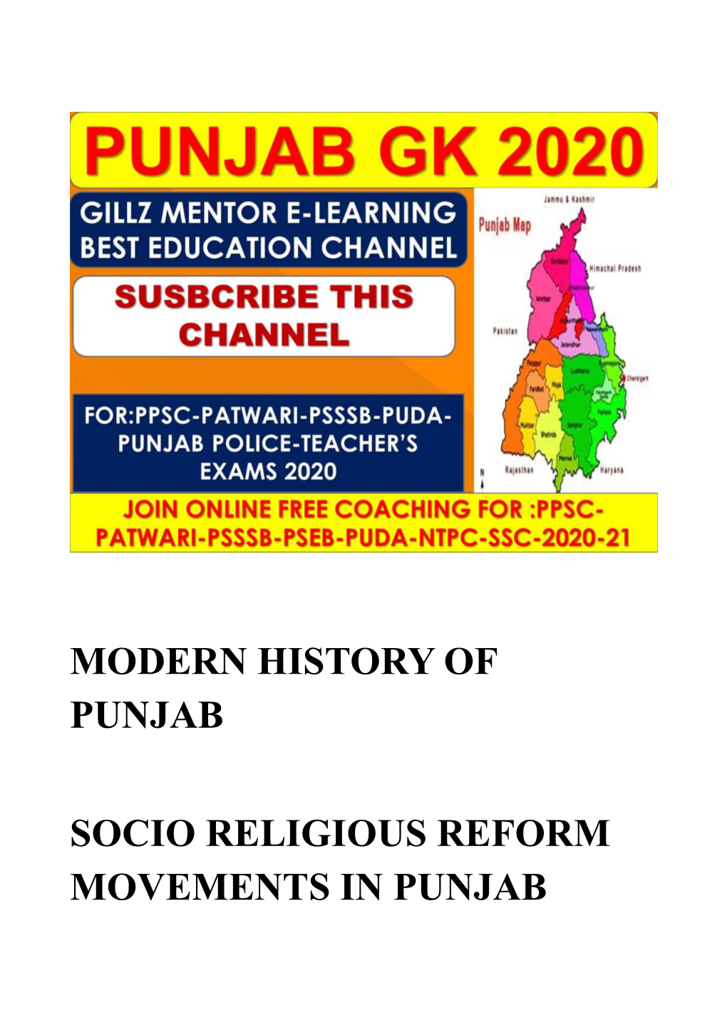 Modern History of Punjab Socio Religious Reform