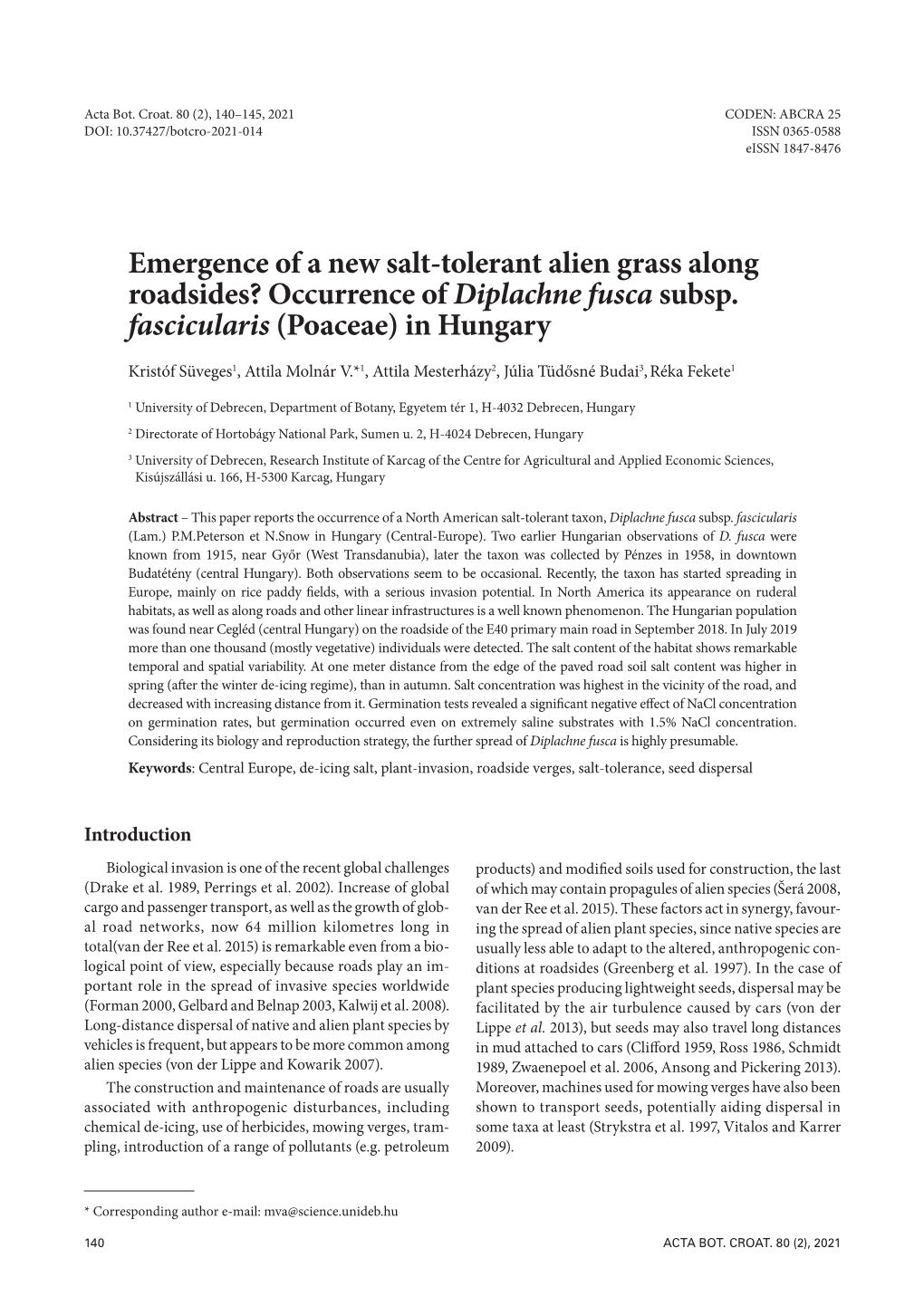 Emergence of a New Salt-Tolerant Alien Grass Along Roadsides? Occurrence of Diplachne Fusca Subsp