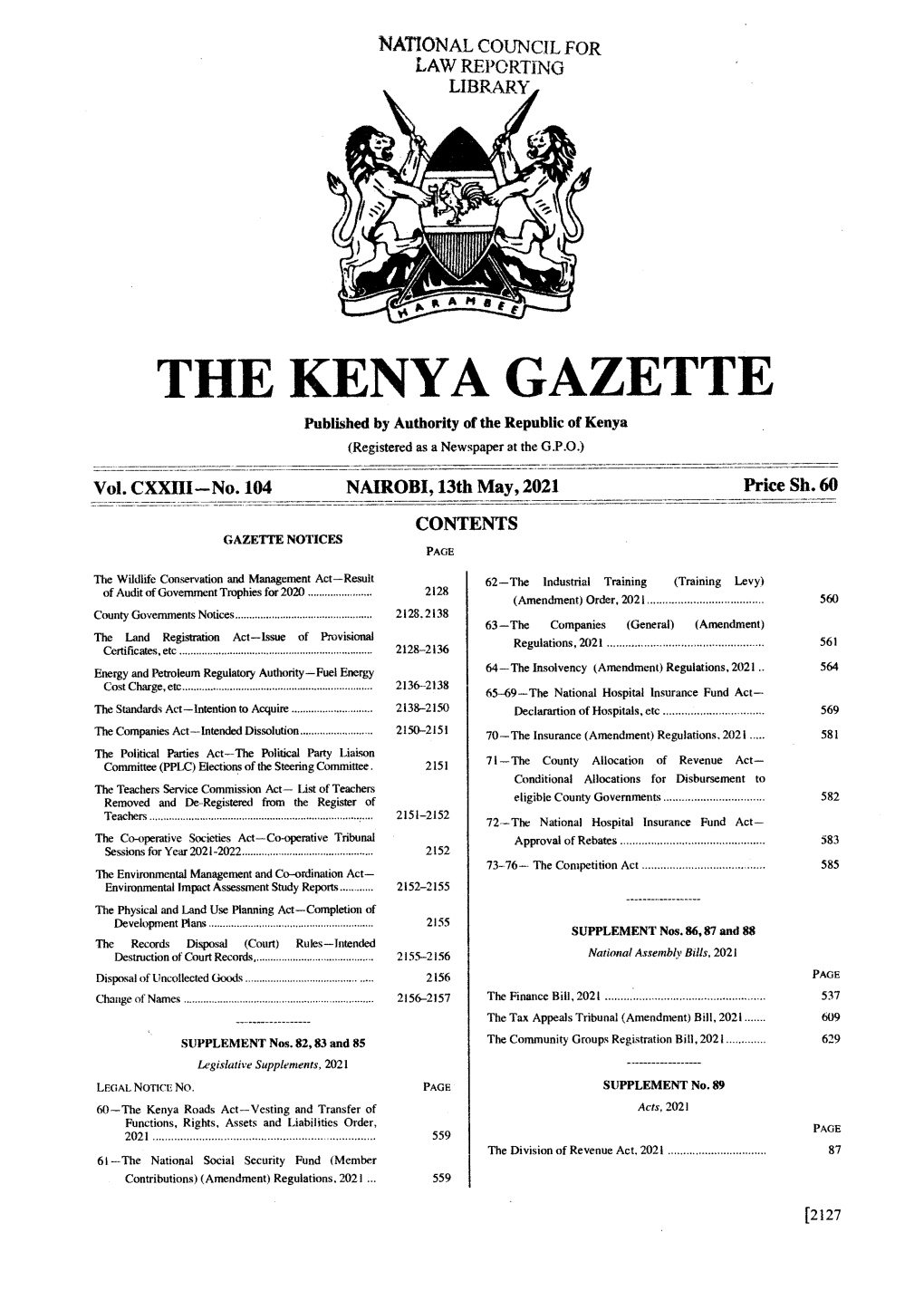 THE KENYA GAZETTE Published by Authority of the Republic of Kenya (Registered As a Newspaper at the G.P.O.) � Vol