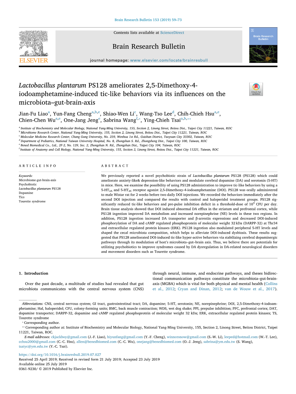 Lactobacillus Plantarum PS128 Ameliorates 2,5-Dimethoxy-4-Iodoamphetamine-Induced Tic-Like Behaviors Via Its Influences on the M