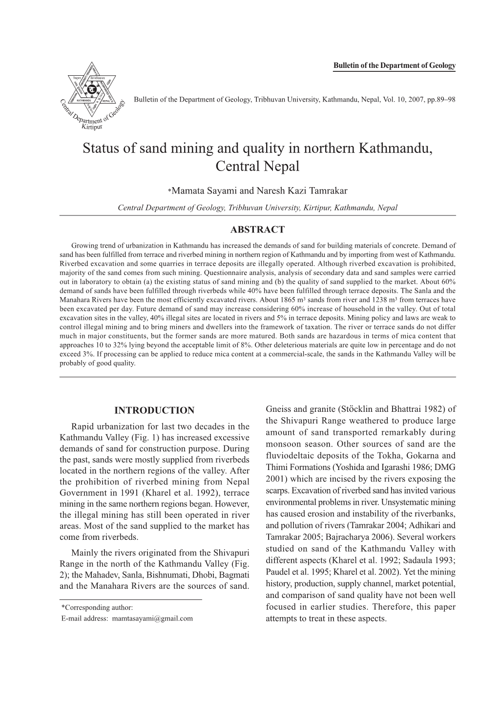 Status of Sand Mining and Quality in Northern Kathmandu, Central Nepal