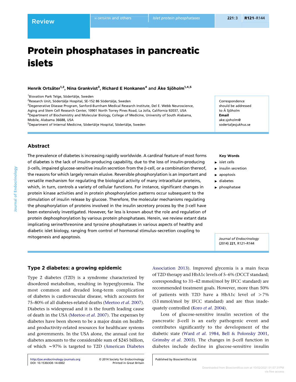 Protein Phosphatases in Pancreatic Islets