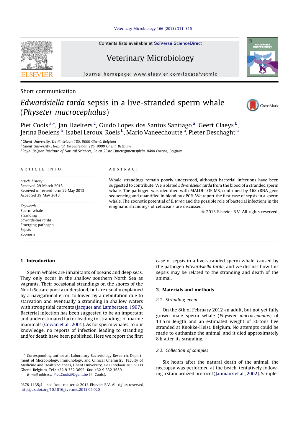 Edwardsiella Tarda Sepsis in a Live-Stranded Sperm Whale