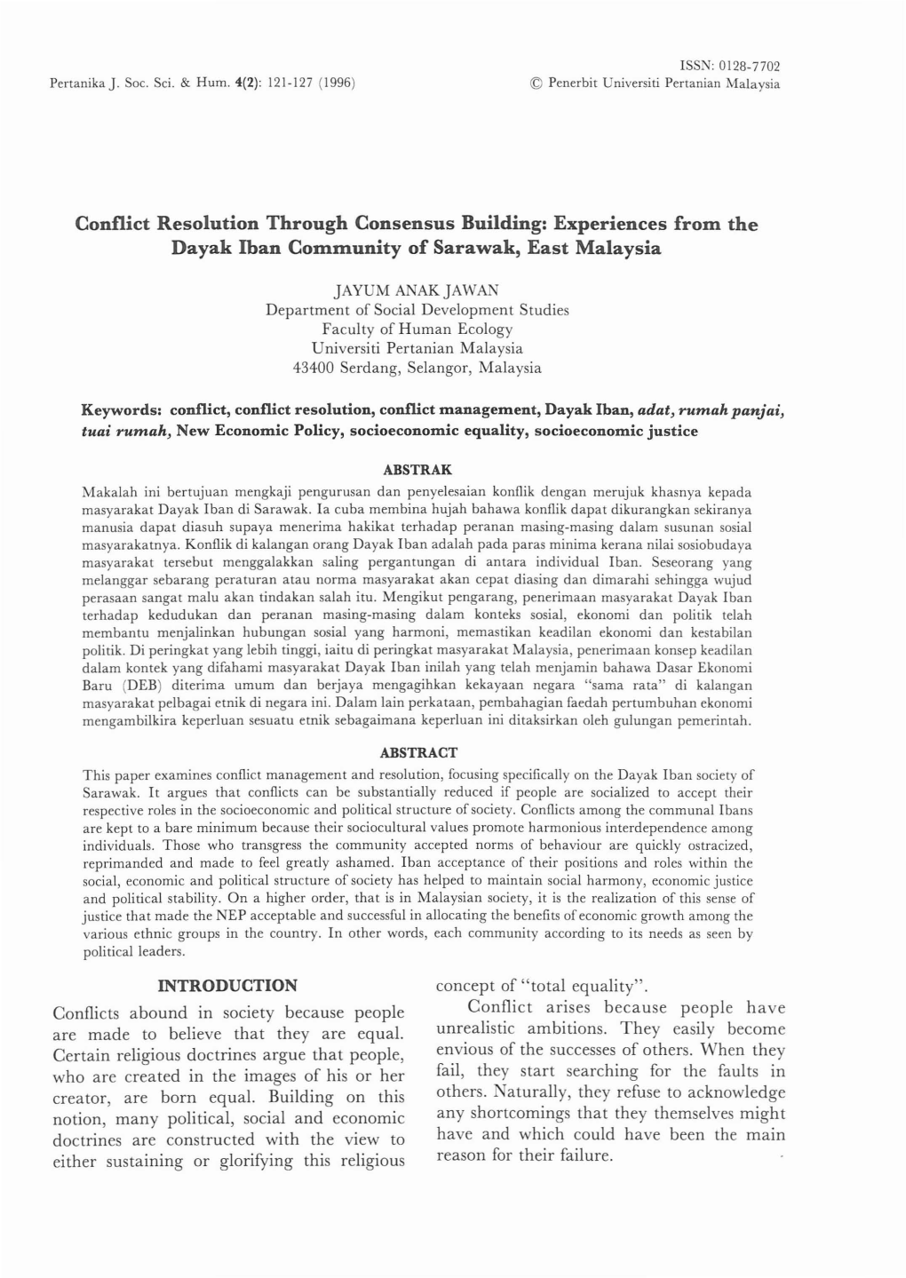 Conflict Resolution Through Consensus Building: Experiences from the Dayak Than Community of Sarawak, East Malaysia