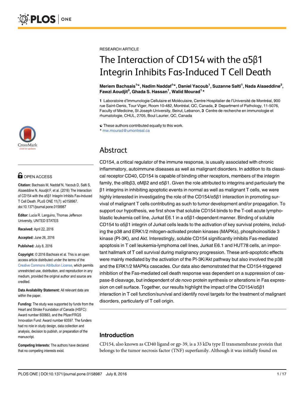 The Interaction of CD154 with the Α5β1 Integrin Inhibits Fas-Induced T Cell Death