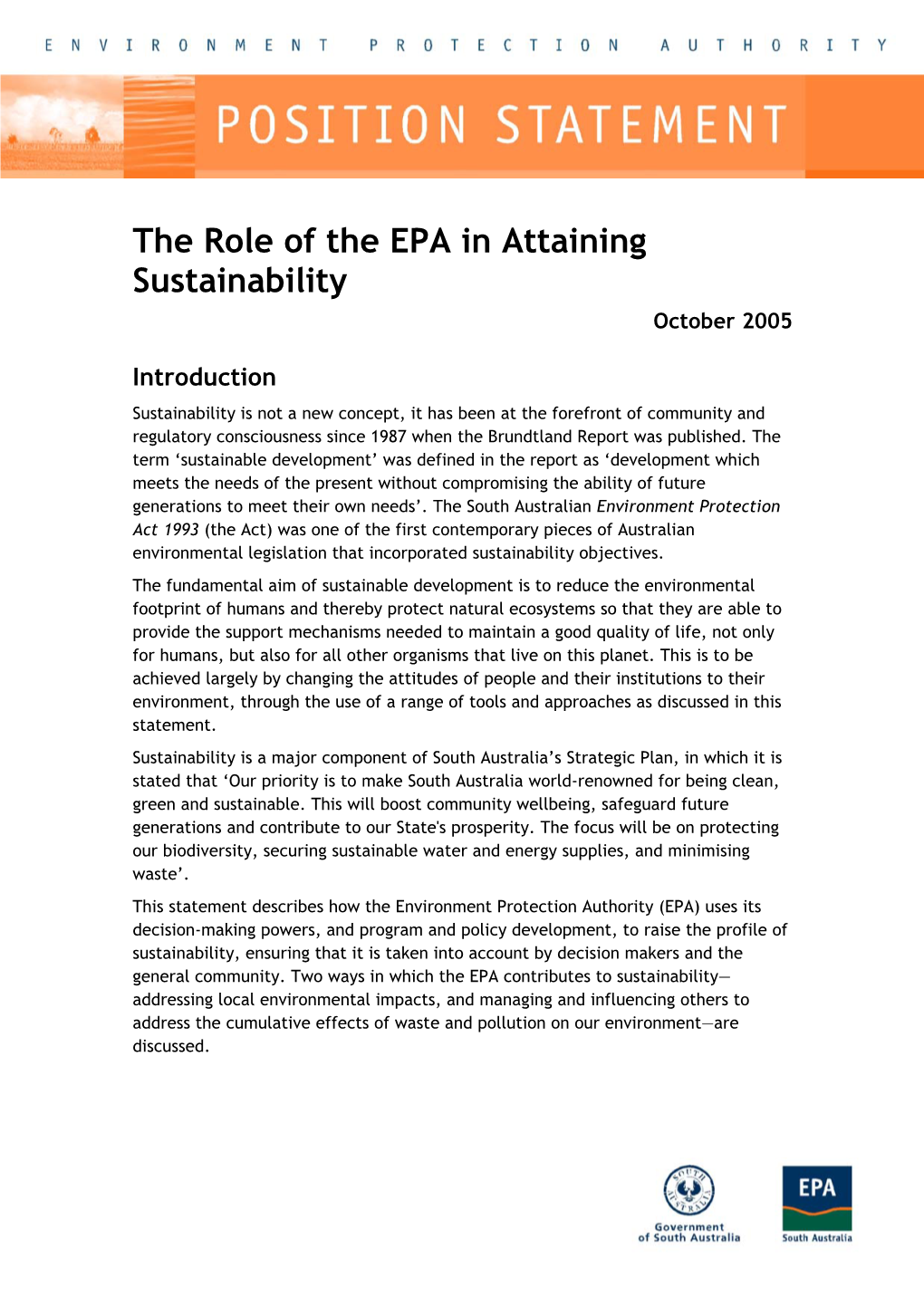 The Role of the EPA in Attaining Sustainability October 2005