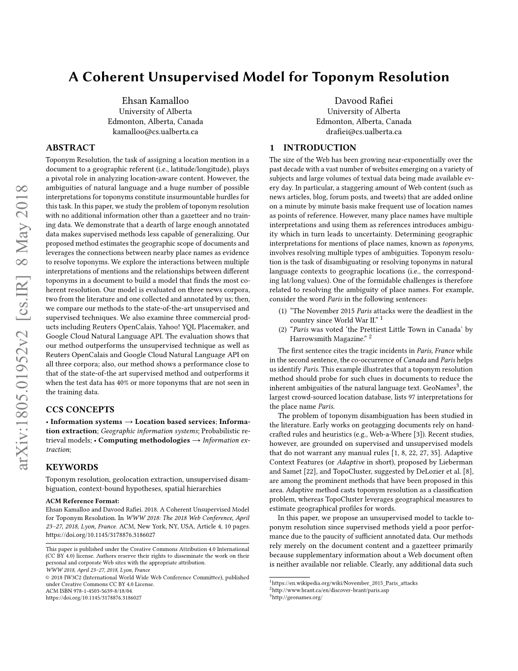 A Coherent Unsupervised Model for Toponym Resolution