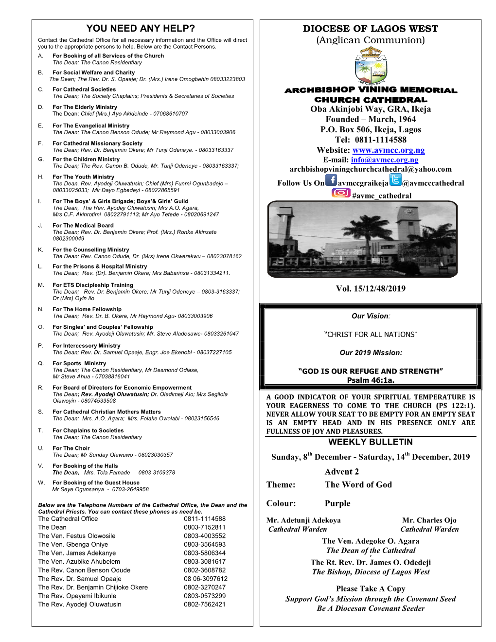 Avmcc Bulletin for Sunday 8Th December, 2019