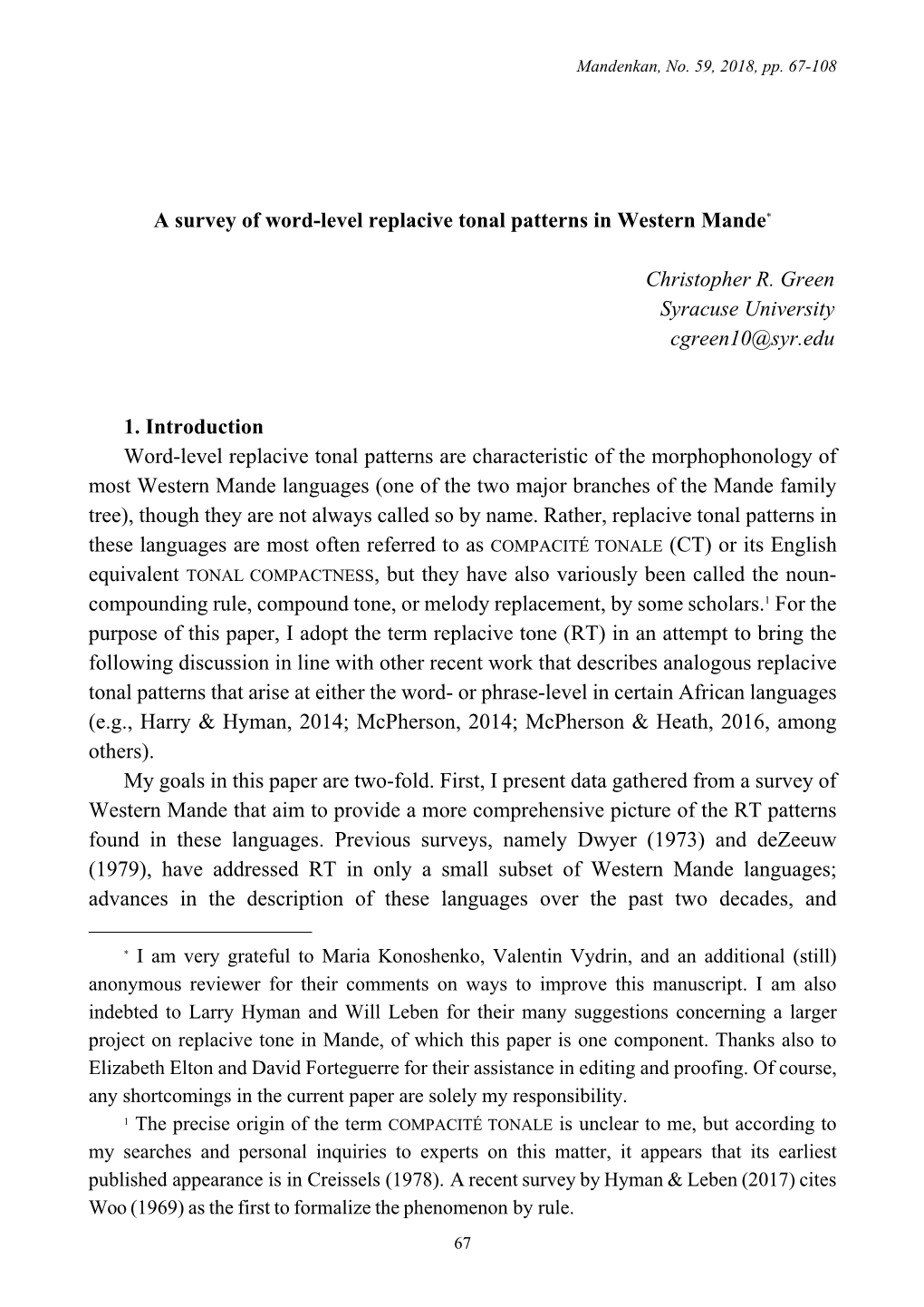 A Survey of Word-Level Replacive Tonal Patterns in Western Mande*