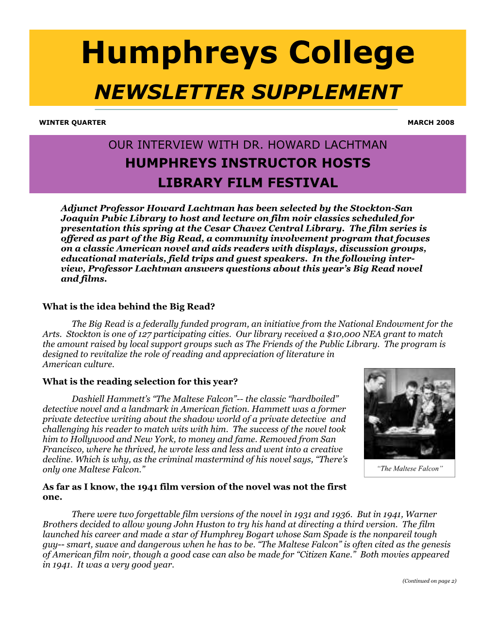 Humphreys College Newsletter Supplement Winter 2008