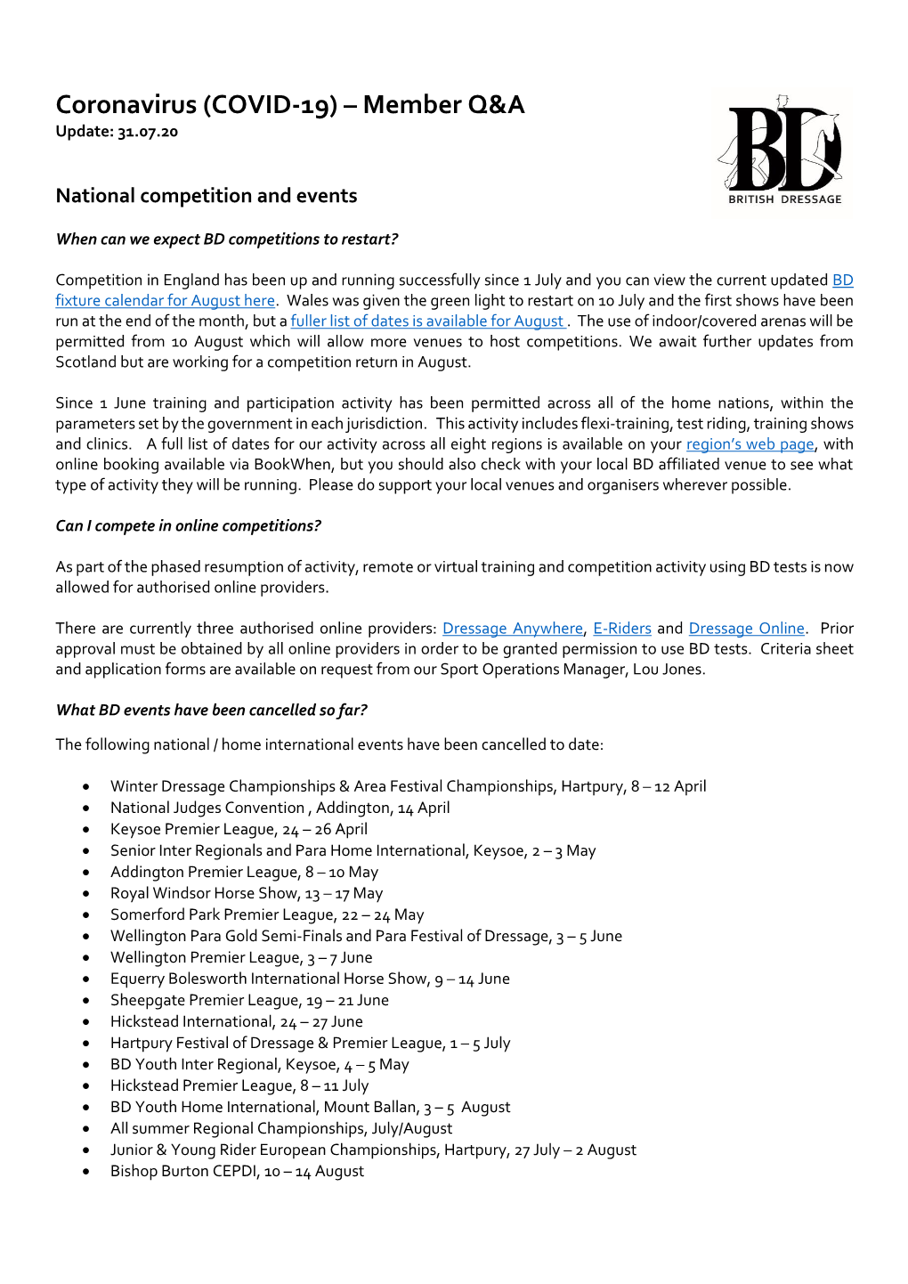 Coronavirus (COVID-19) – Member Q&A Update: 31.07.20