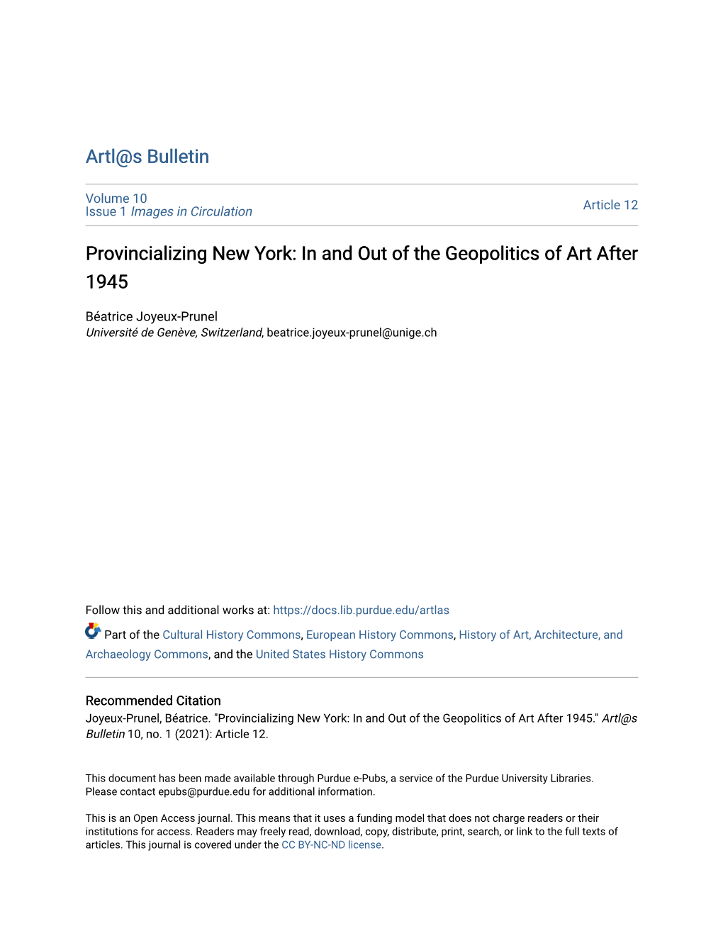 Provincializing New York: in and out of the Geopolitics of Art After 1945