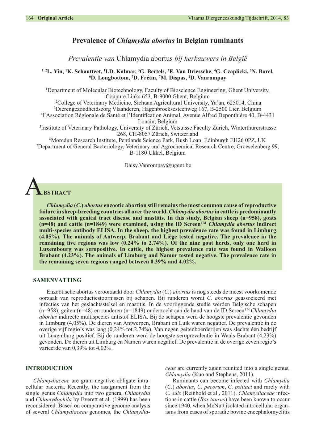 Prevalence of Chlamydia Abortus in Belgian Ruminants Prevalentie Van Chlamydia Abortus Bij Herkauwers in België