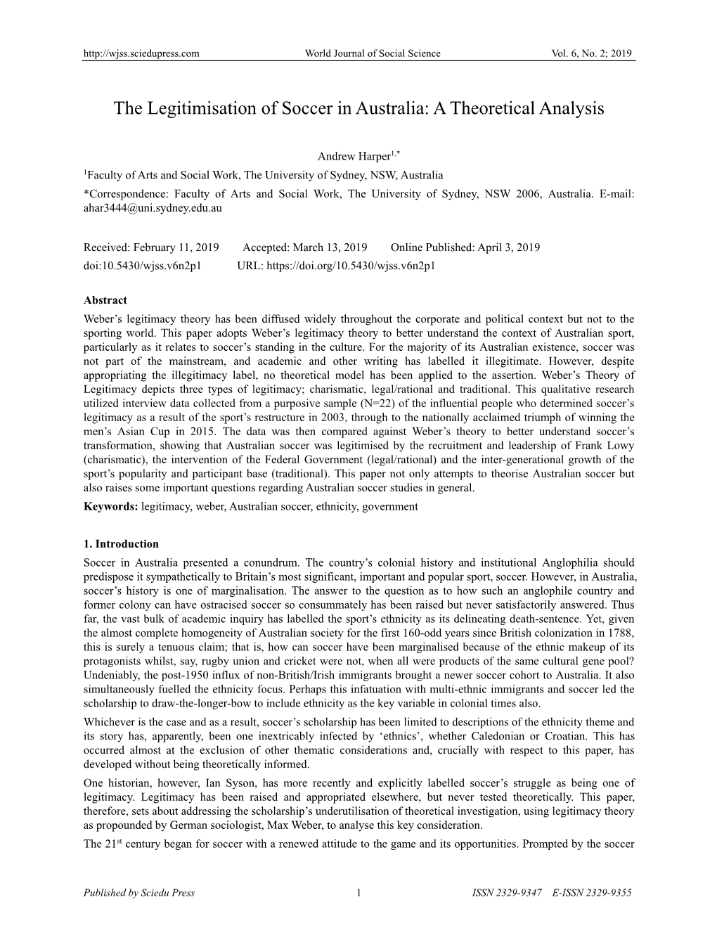 The Legitimisation of Soccer in Australia: a Theoretical Analysis