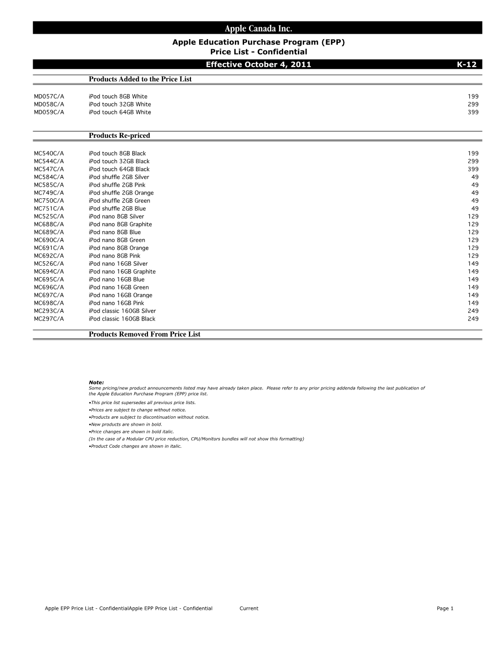 Apple Canada Inc. Apple Education Purchase Program (EPP) Price List - Confidential Effective October 4, 2011 K-12 Products Added to the Price List