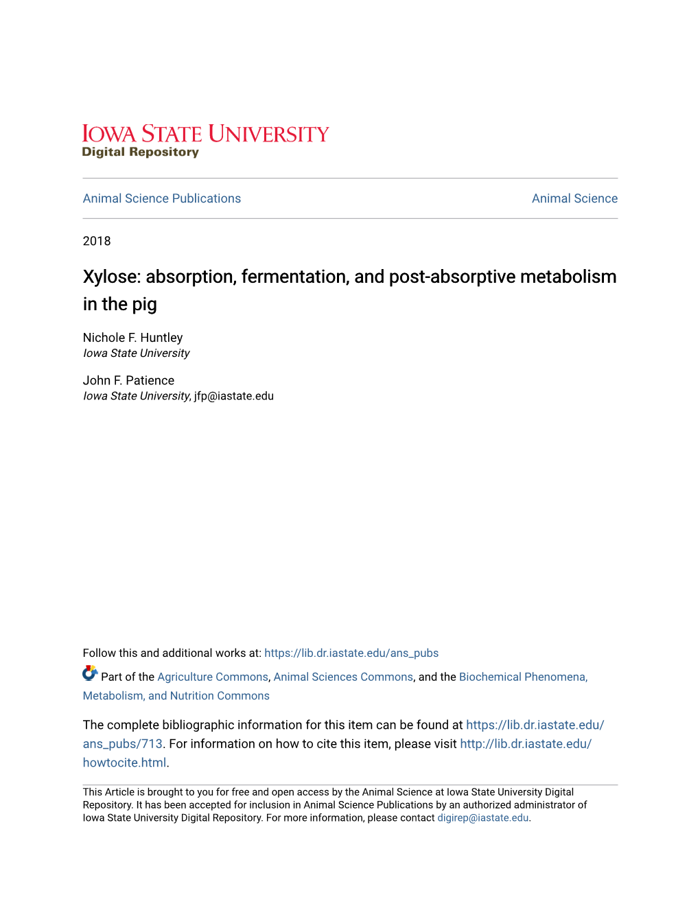 Xylose: Absorption, Fermentation, and Post-Absorptive Metabolism in the Pig