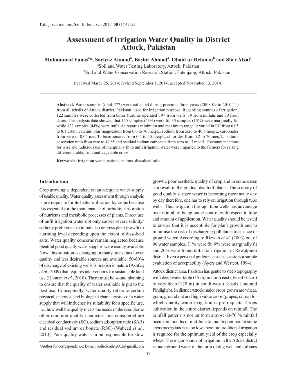 Assessment of Irrigation Water Quality in District Attock, Pakistan